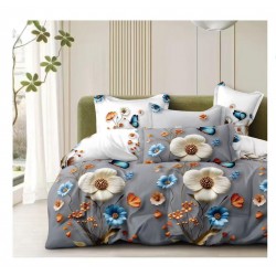Set Lenjerie Pat Dublu Bumbac Satinat 4 Piese – Model Floral Gri cu Flori Albastre și Crem, LDBS-260