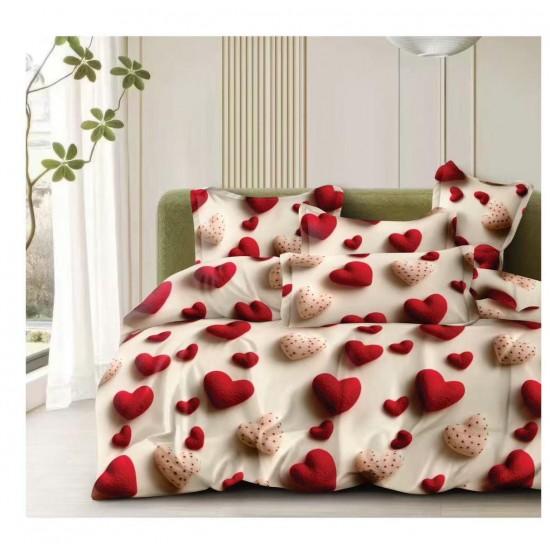 Set Lenjerie Pat Dublu Bumbac Satinat 4 Piese – Model Inimi Roșii, Modern și Romantic, LDBS-261 3 lenjerii la 199 lei