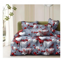 Set Lenjerie Pat Dublu Bumbac Satinat 4 Piese – Model Inimi & Perle pe Fundal Gri, LDBS-263