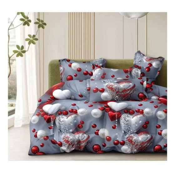 Set Lenjerie Pat Dublu Bumbac Satinat 4 Piese – Model Inimi & Perle pe Fundal Gri, LDBS-263 3 lenjerii la 199 lei