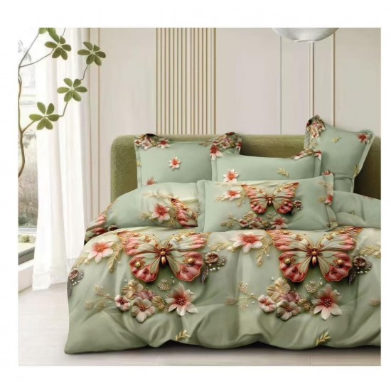 Set Lenjerie Pat Dublu Bumbac Satinat 4 Piese – Model Fluturi și Flori, Verde Mentă, LDBS-361 3 lenjerii la 199 lei