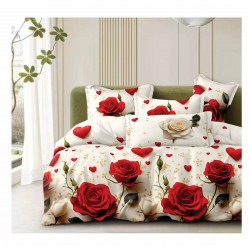 Set Lenjerie Pat Dublu Bumbac Satinat 4 Piese – Model Trandafiri Roșii & Inimioare, Design Romantic, LDBS-360