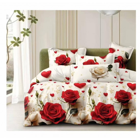 Set Lenjerie Pat Dublu Bumbac Satinat 4 Piese – Model Trandafiri Roșii & Inimioare, Design Romantic, LDBS-360 3 lenjerii la 199 lei