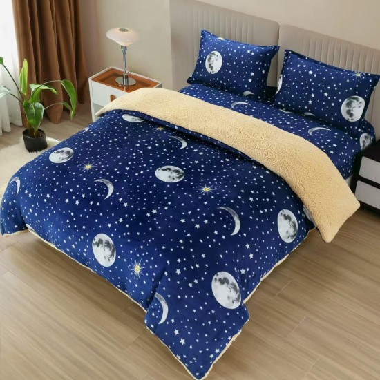 Set Lenjerie Cocolino 4 Piese cu Blăniță și Elastic – Model Lună și Stele, Albastru, LEC-095 Lenjerii Cocolino 4 piese cu ELASTIC