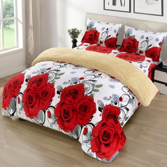 Set Lenjerie Cocolino 4 Piese cu Blăniță și Elastic – Model Trandafiri Roșii pe Fundal Alb, LEC-114 Lenjerii Cocolino 4 piese cu ELASTIC