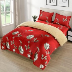 Set Lenjerie Cocolino 4 Piese cu Blăniță și Elastic –  Model Floral Roșu, Pat Dublu, LEC-122