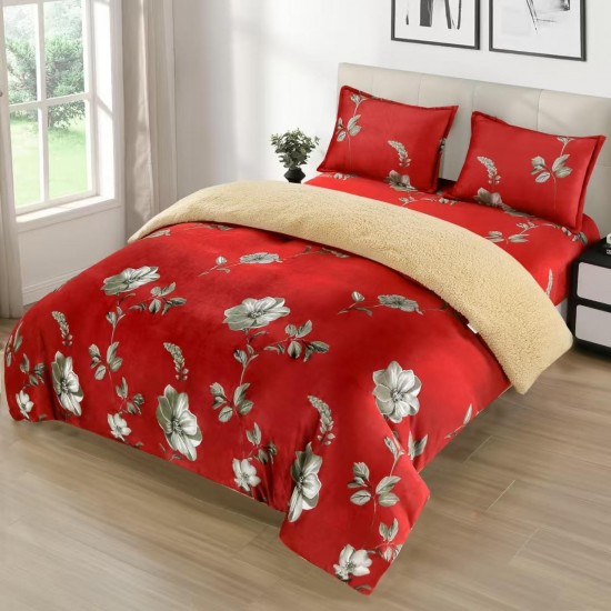 Set Lenjerie Cocolino 4 Piese cu Blăniță și Elastic –  Model Floral Roșu, Pat Dublu, LEC-122 Lenjerii Cocolino 4 piese cu ELASTIC