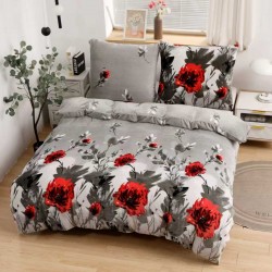 Set Lenjerie Cocolino 4 piese pat dublu cu cearșaf cu elastic – Model floral roșu pe gri, LEC-020