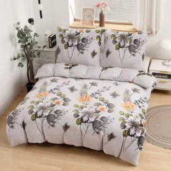 Set Lenjerie Cocolino 4 piese pat dublu cu cearșaf cu elastic – Model floral gri-crem, LEC-039