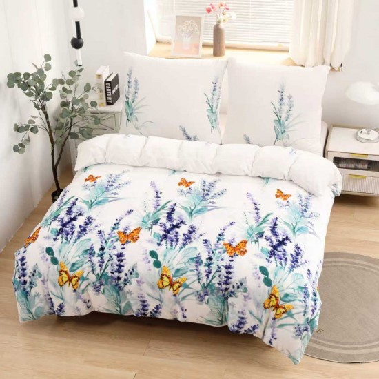 Set Lenjerie Cocolino 4 piese pat dublu cu cearșaf cu elastic – Model floral cu fluturi, alb-lila, LEC-075 Lenjerii Cocolino 4 piese cu ELASTIC
