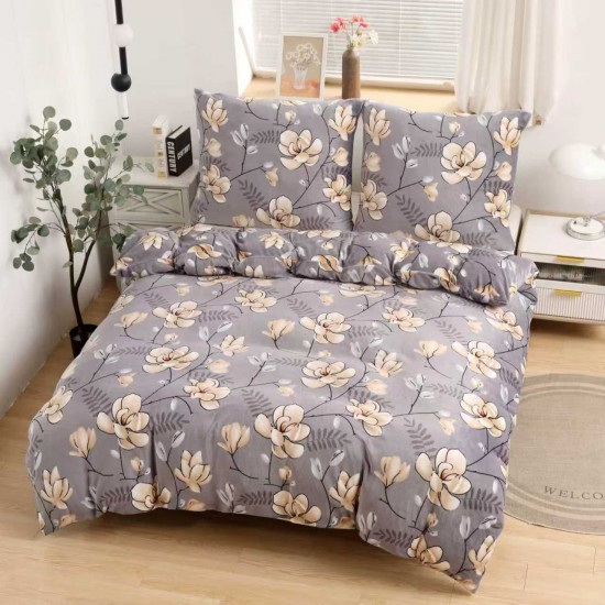 Set Lenjerie Cocolino 4 piese pat dublu cu cearșaf cu elastic – Model floral gri-crem, LEC-074 Lenjerii Cocolino 4 piese cu ELASTIC