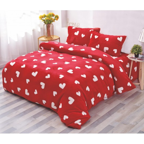 Set Lenjerie Cocolino 4 piese pat dublu cu cearșaf cu elastic – Model inimioare roșii, pufoasă și călduroasă, LEC-063 Lenjerii Cocolino 4 piese cu ELASTIC