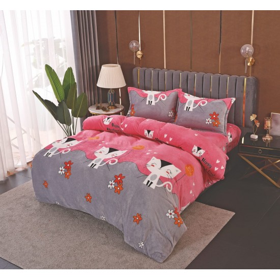 Set Lenjerie Cocolino 4 piese pat dublu cu cearșaf cu elastic – Model pisicuțe roz-gri, pufoasă și călduroasă, LEC-062 Lenjerii Cocolino 4 piese cu ELASTIC