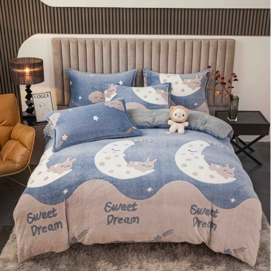 Set Lenjerie Cocolino 4 piese pat dublu cu cearșaf cu elastic – Model albastru-bej cu lună, steluțe și animăluțe, LEC-007 Lenjerii Cocolino 4 piese cu ELASTIC