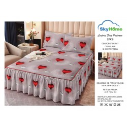 Cearșaf cu volănașe din bumbac finet + 2 fețe de pernă – model inimioare roșii pe gri, LDBS-160