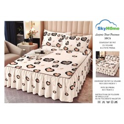 Cearșaf cu volănașe din bumbac finet + 2 fețe de pernă – model animal print crem-negru cu fluturi, LDBS-045