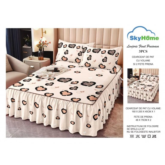 Cearșaf cu volănașe din bumbac finet + 2 fețe de pernă – model animal print crem-negru cu fluturi, LDBS-045 3 lenjerii la 199 lei