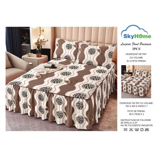 Cearșaf cu volănașe din bumbac finet + 2 fețe de pernă – model geometric maro-crem cu accente animal print, LDBS-007 3 lenjerii la 199 lei