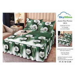 Cearșaf cu volănașe din bumbac finet + 2 fețe de pernă – model floral verde cu flori albe, LDBS-182