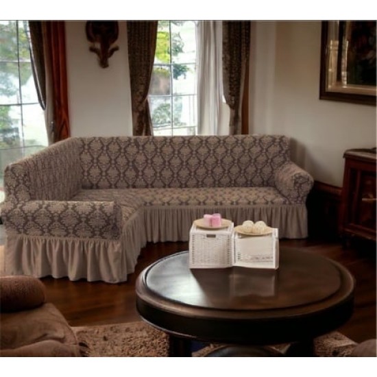 Husa elastica pentru coltar, model Jacquard, cu volanas, Maro deschis, HCJ-062 Huse Jacquard