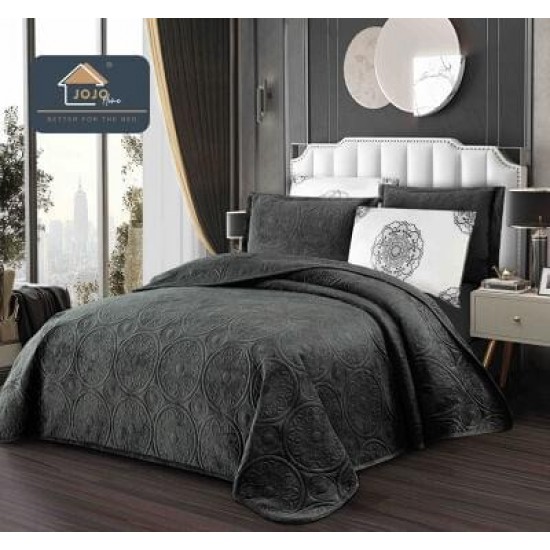 Set Cuvertură Catifea 5 Piese pentru Pat Dublu – Model Gri Inchis Elegant, Matlasată, CJM-001 Cuverturi Catifea 5 piese