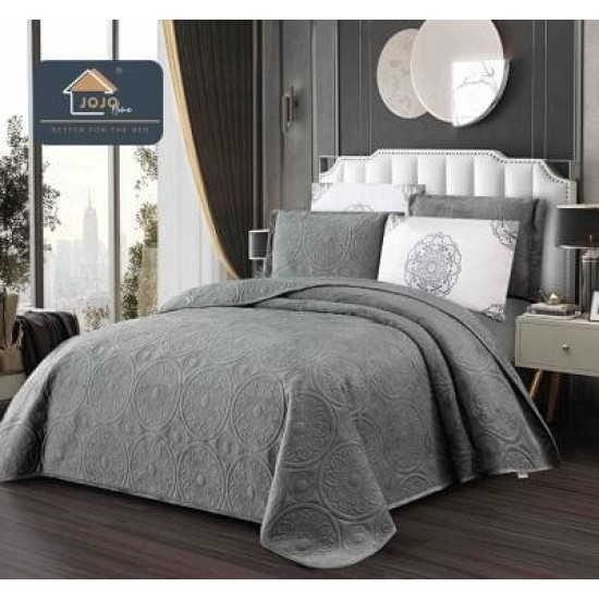 Set Cuvertură Catifea 5 Piese pentru Pat Dublu – Model Gri deschis Elegant, Matlasată, CJM-003 Cuverturi Catifea 5 piese