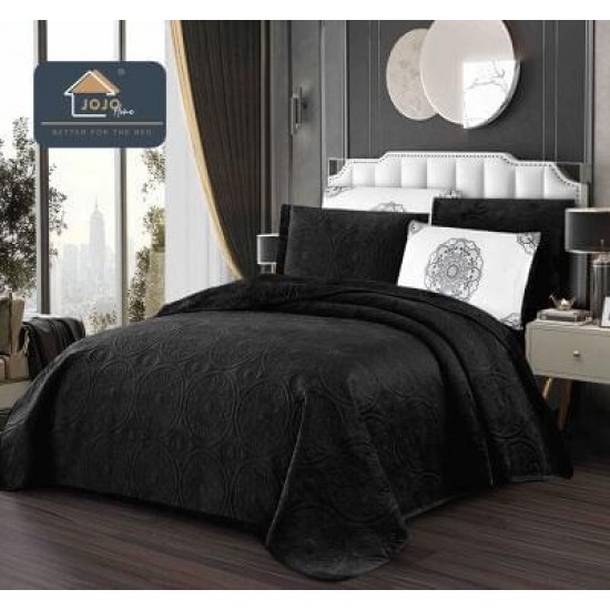 Set Cuvertură Catifea 5 Piese pentru Pat Dublu – Model Negru Elegant, Matlasată, CJM-005 Cuverturi Catifea 5 piese