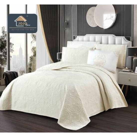 Set Cuvertură Catifea 5 Piese pentru Pat Dublu – Model Crem Elegant, Matlasată, CJM-007 Cuverturi Catifea 5 piese