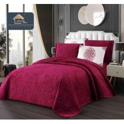 Set Cuvertură Catifea 5 Piese pentru Pat Dublu – Model Visiniu Elegant, Matlasată, CJM-008