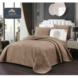 Set Cuvertură Catifea 5 Piese pentru Pat Dublu – Model Maro Elegant, Matlasată, CJM-009