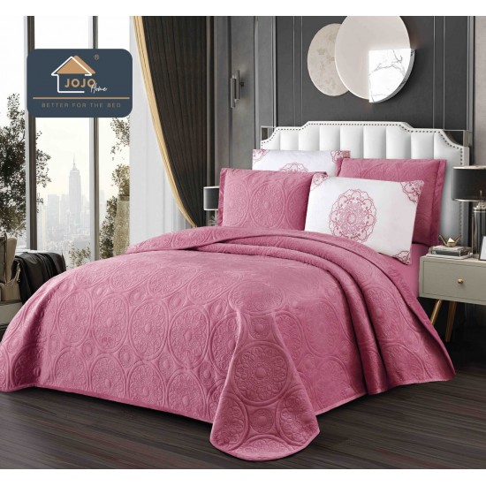 Set Cuvertură Catifea 5 Piese pentru Pat Dublu – Model Roz Pudrat Elegant, Matlasată, CJM-006 Cuverturi Catifea 5 piese