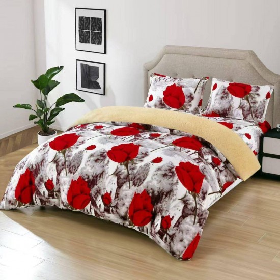 Set Lenjerie Cocolino 4 piese cu blăniță și cearșaf cu elastic – model cu trandafiri roșii, LEC-073 Lenjerii Cocolino 4 piese cu ELASTIC