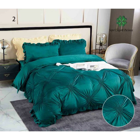 Set Lenjerie de Pat din Catifea, Cu Broderie, 4 Piese, Pat 2 Persoane, Verde Inchis, LCI-050 Lenjerii Catifea 4 piese