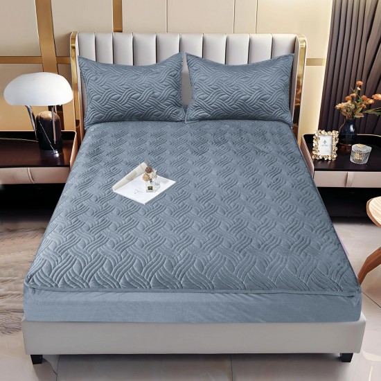 Husă/topper pat 140x200 cu elastic–Catifea moale, model ondulat–Gri deschis, HTC-031 Husa/Topper cu ELASTIC 140-200 cm