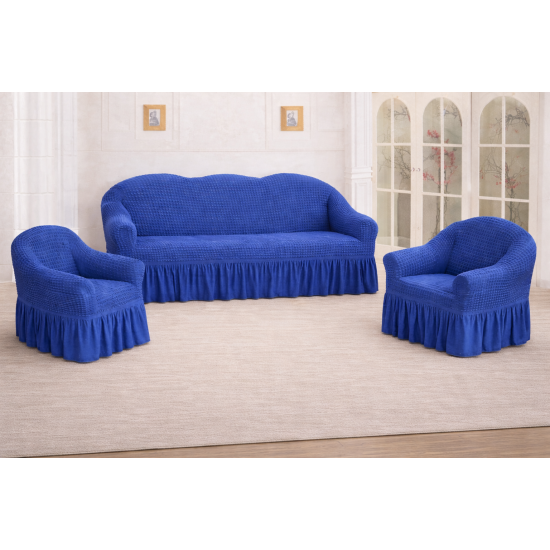 Huse Elastice si Creponate cu Volan, Canapea 3 Persoane + 2 Huse Fotolii, Albastru, HCVF-017 Huse Canapea 3 Locuri plus 2 Huse Fotoliu