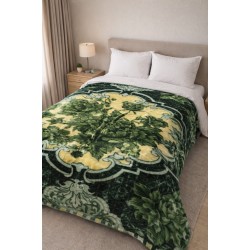 Patură Cocolino Pufoasă pentru Pat Dublu – Model Floral Elegant, Verde cu Galben, PCM-043