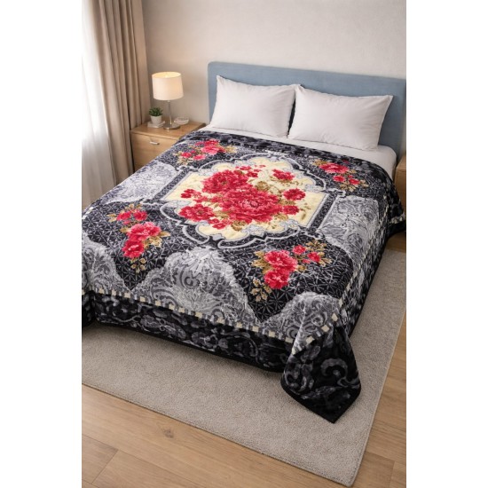 Pătură Cocolino Pufoasă pentru Pat Dublu – Model Floral cu Trandafiri, Negru cu Roșu, PCM-031 Paturi Cocolino 3,5 kg cu Model