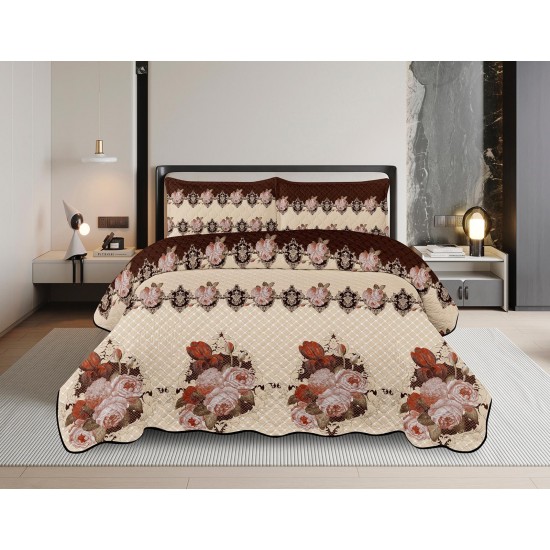 Cuvertură Pat Dublu din Bumbac Satinat cu 2 Fețe de Pernă – Model Floral Elegant, Culoare Bej cu Maro, OCT-324 3 cuverturi la 199 lei