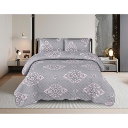 Cuvertură Pat Dublu din Bumbac Satinat cu 2 Fețe de Pernă – Model Ornamental Elegant, Gri Argintiu, OCT-035