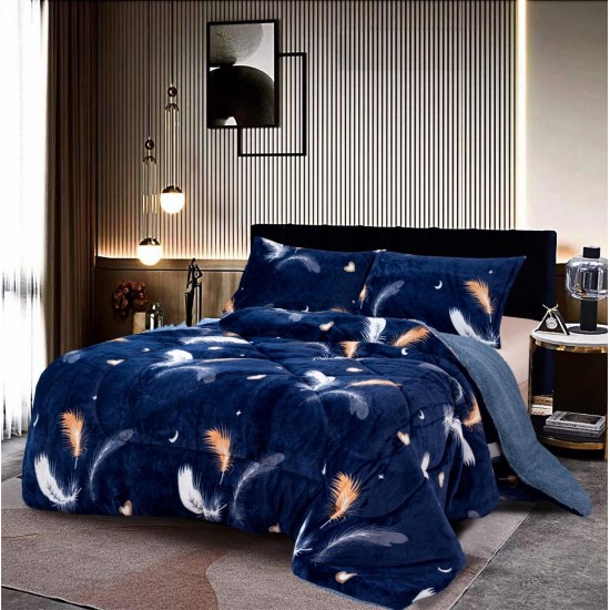 Pilotă Cocolino cu Blăniță 200x230 cm + 2 Fețe de Pernă – Model Pene Elegante, Albastru Închis, PDC-106 Pilote Iarna cu Blana
