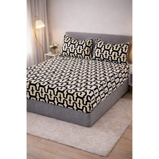 Cearșaf Cocolino cu Elastic 180x200 cm + 2 Fețe de Pernă, Model Geometric Crem-Negru, HC-053 3 huse cocolino 199 lei