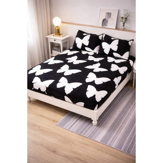 Cearșaf Cocolino cu Elastic 180x200 cm + 2 Fețe de Pernă – Model Fluturi Alb-Negru, HC-048 Huse Cocolino