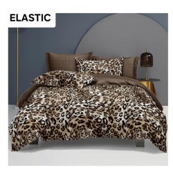 Set Lenjerie Pat Dublu din Bumbac Satinat 4 Piese cu Cearșaf cu Elastic – Model Leopard Maro, LDBS-380