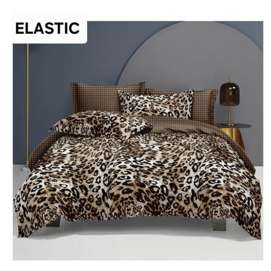 Set Lenjerie Pat Dublu din Bumbac Satinat 4 Piese cu Cearșaf cu Elastic – Model Leopard Maro, LDBS-380 3 lenjerii la 199 lei