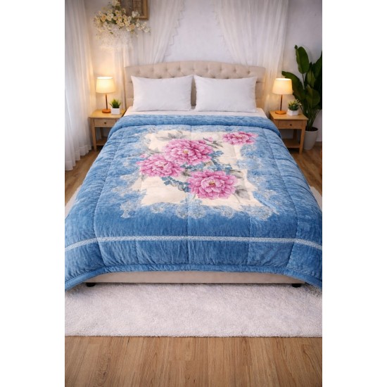 Pătură Cocolino Pufoasă pentru Pat Dublu – Model Floral Elegant, Albastru cu Flori Roz, PCM-053 Paturi Cocolino 3,5 kg cu Model