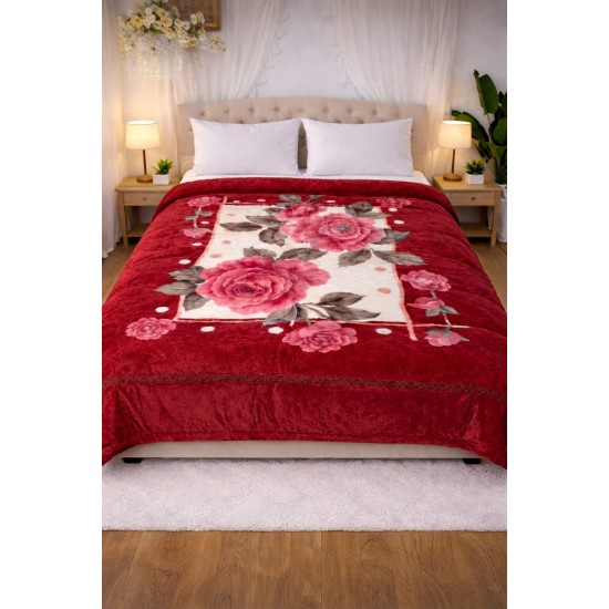 Pătură Cocolino Pufoasă pentru Pat Dublu – Model Floral Elegant, Roșu Bordo, PCM-054 Paturi Cocolino 3,5 kg cu Model