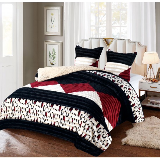 Pilotă Cocolino cu Blăniță 200x230 cm + 2 Fețe de Pernă – Model Geometric Negru, Bordo & Crem, PDC-116 Pilote Iarna cu Blana