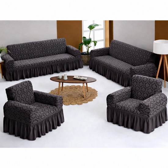 Set 4 huse pentru canapea 3 Locuri, 2 Locuri si 2 fotolii, cu volanas, model Jacquard, Gri inchis, HCJ-031 Huse Jacquard