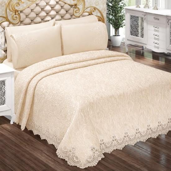 Set Cuvertură de lux Matlasată cu dantelă Elegantă, 6 piese, pat 2 persoane, Bej deschis, CME-004 Cuverturi Lux Catifea cu Dantela 6 piese