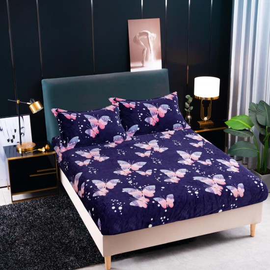 Cearșaf Cocolino cu Elastic 180x200 cm + 2 Fețe de Pernă – Model Fluturi, Albastru Închis, HC-094 3 huse cocolino 199 lei